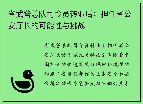 省武警总队司令员转业后：担任省公安厅长的可能性与挑战